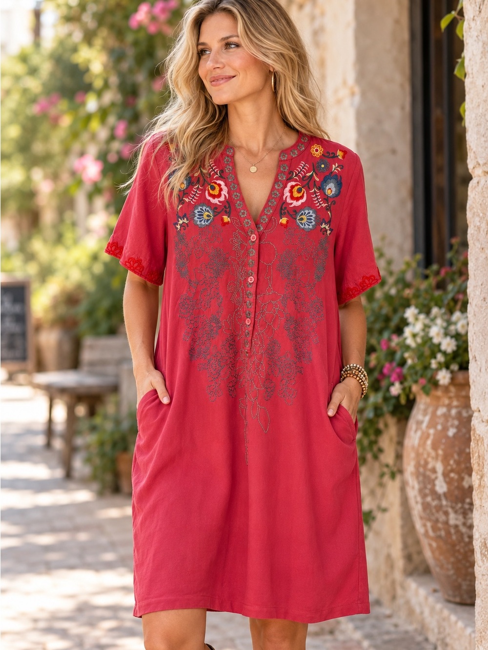 St. Lareina Sz S Relaxed Fit Boho Floral embroidered Salmon Pink Cotton Dress